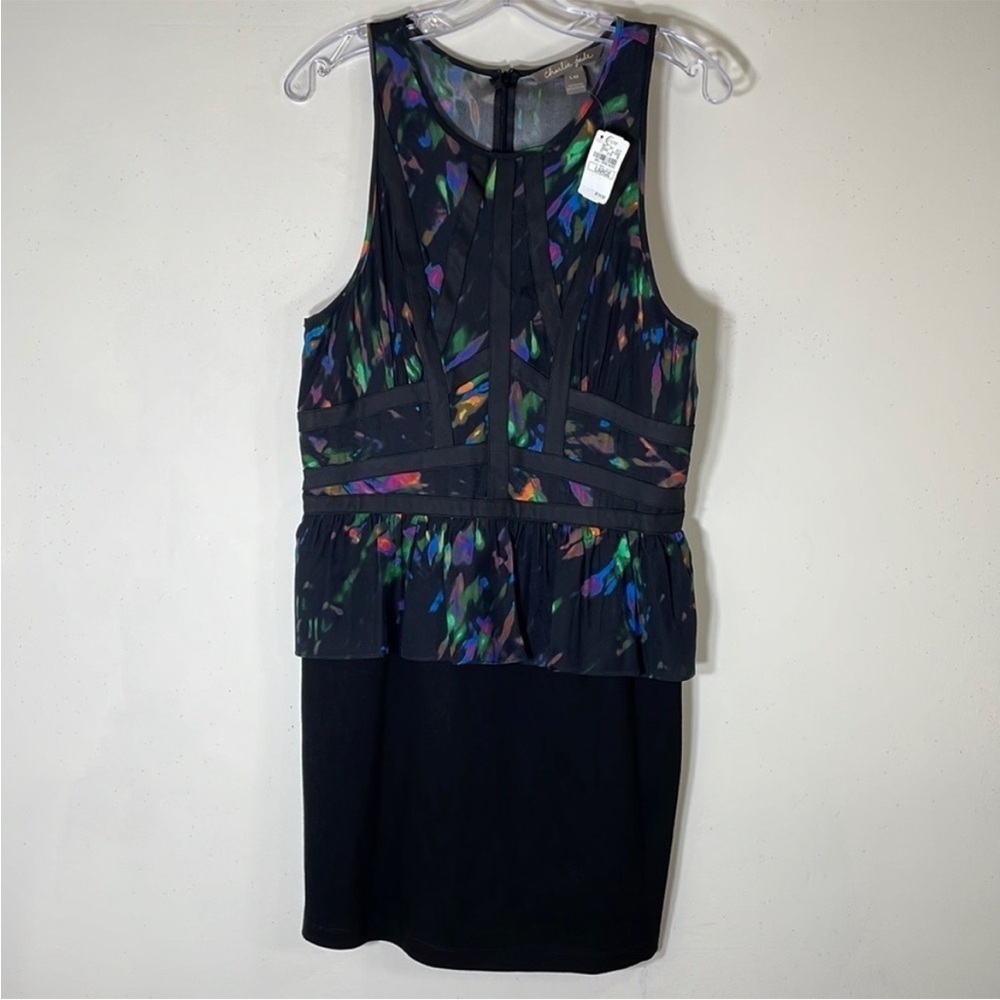 NWT. Charlie Jade Large Silk & Leather Peplum Dress.
